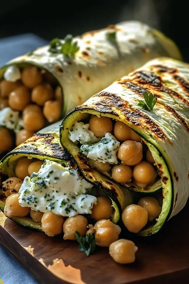 Gegrillte Zucchini-Feta-Kichererbsen-Wraps mit Kräuter-Joghurt