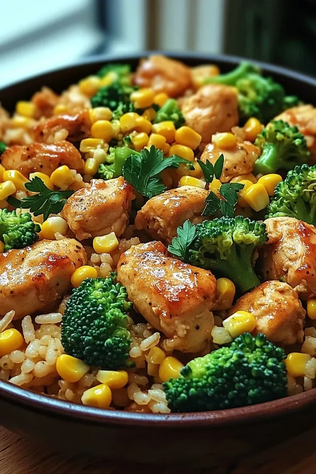 Hähnchen-Reis-Pfanne mit Brokkoli und Mais – Schnell und Einfach