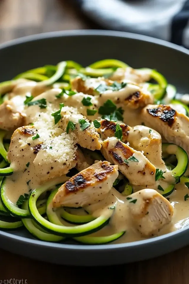 Cremige Zucchini-Nudeln mit Hähnchen in Alfredo-Sauce