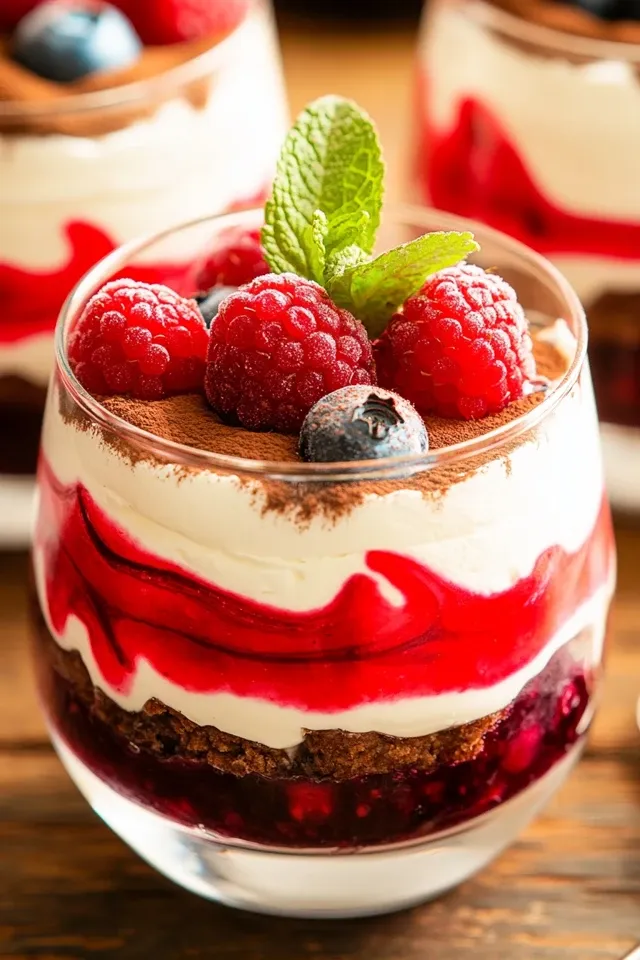 Leckerer Mascarpone Nachtisch im Glas mit gefrorenen Früchten
