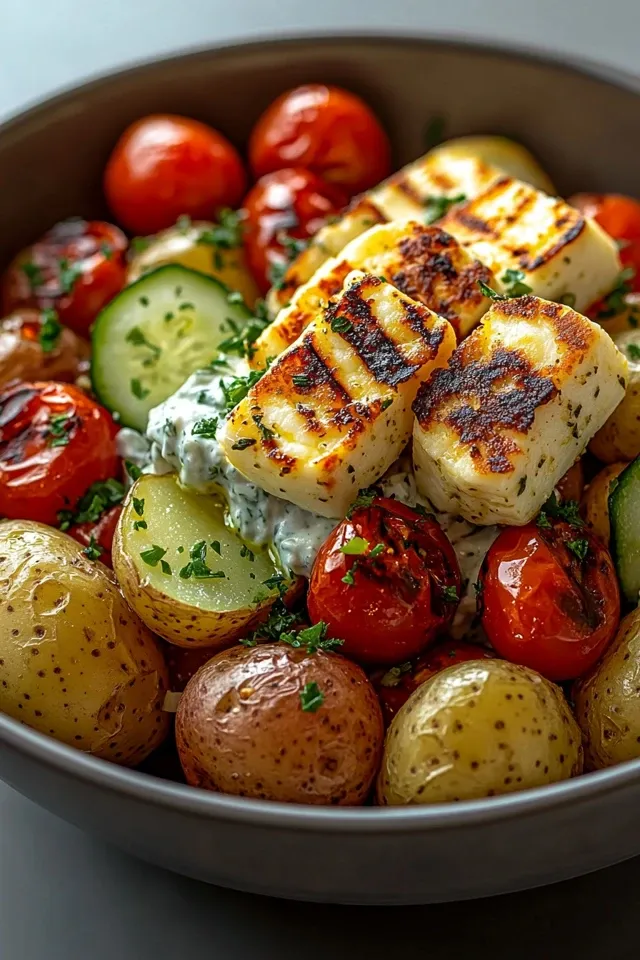Leichte Griechische Kartoffel-Bowl mit gegrilltem Halloumi