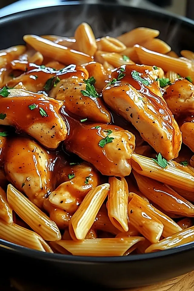 Leckere Honig BBQ Hähnchen Penne aus einer Pfanne