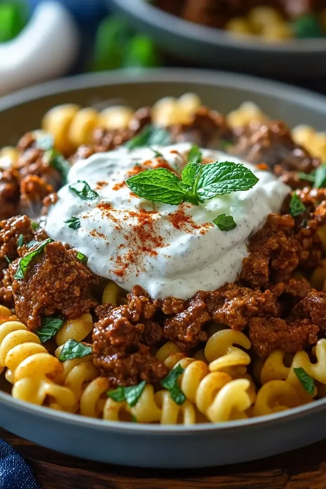 Türkische Pasta mit Hackfleisch und Joghurt-Sauce