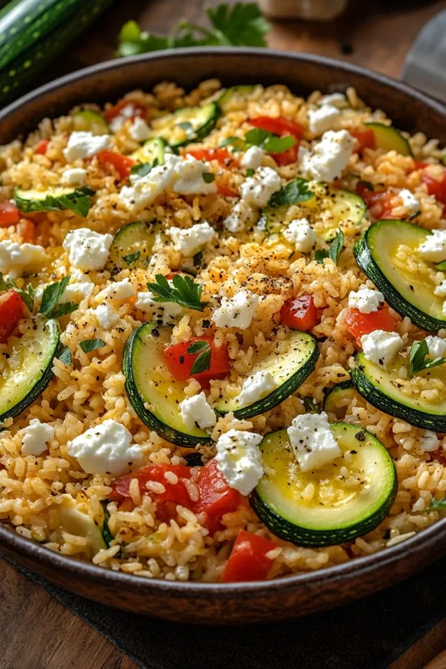 Zucchini-Reis-Pfanne mit Feta für ein leichtes Abendessen