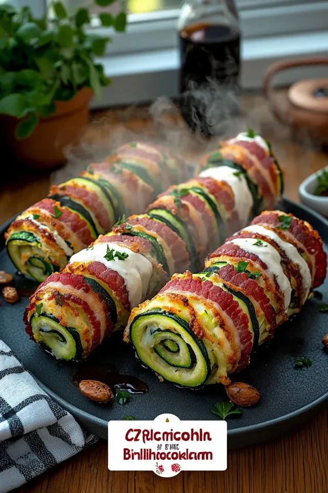 Zucchini-Röllchen mit Rinder-Bacon umwickelt