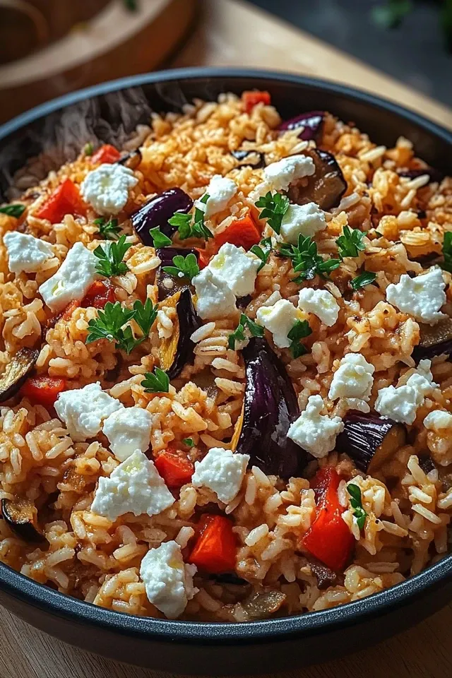 Auberginen-Reispfanne mit Feta – Ein Gemüsetraum