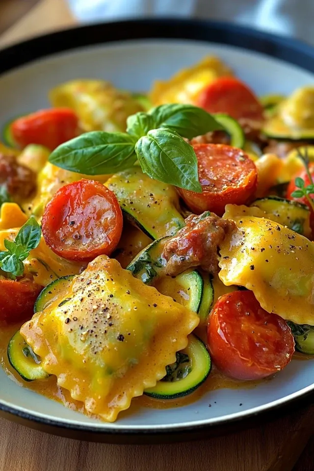 Cremige Maultaschenpfanne mit Zucchini und Tomaten