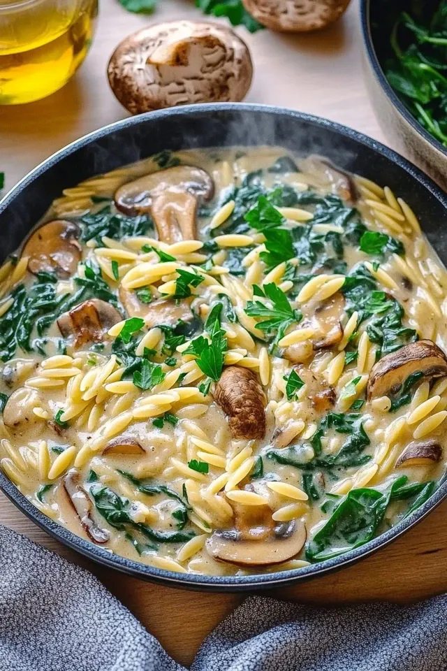 Cremige Orzo Pfanne mit Champignons und Spinat