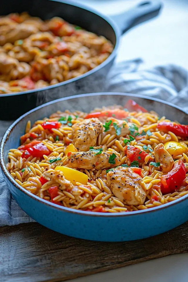 Cremige Orzo-Pfanne mit Hähnchen und Paprika
