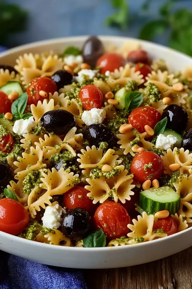 Mediterraner Nudelsalat mit Pesto für Sommerfeiern