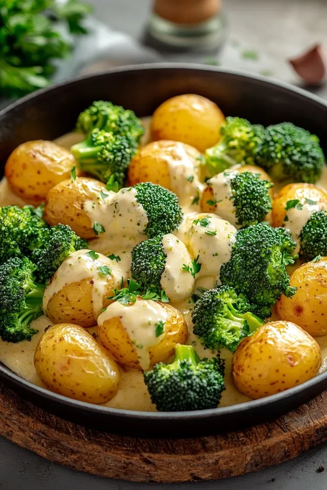 Cremige Brokkoli-Kartoffeln aus einer Pfanne
