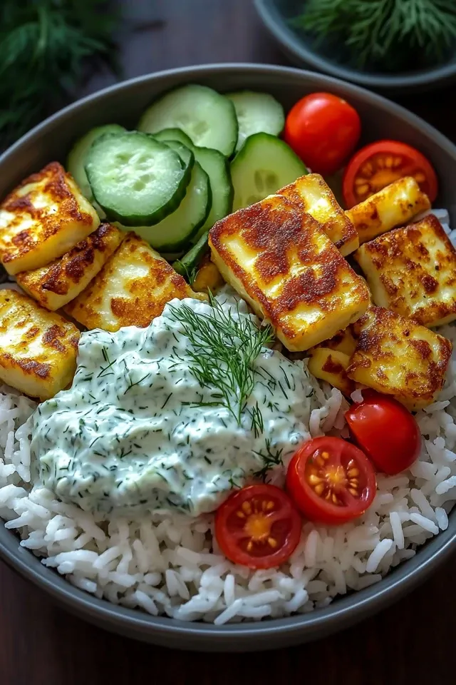 Einfacher Halloumi Bowl mit Reis und Tzatziki Rezept