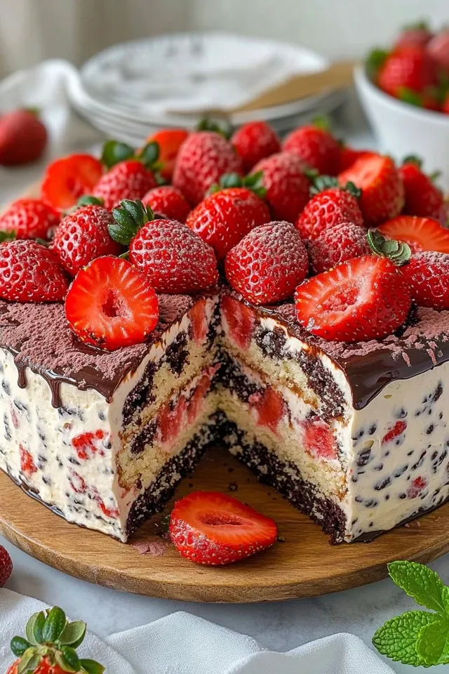 Cremige Erdbeer-Stracciatella-Torte mit Schokolade