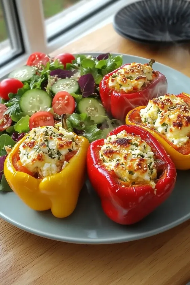 Gefüllte Paprika mit Feta und buntem Salat