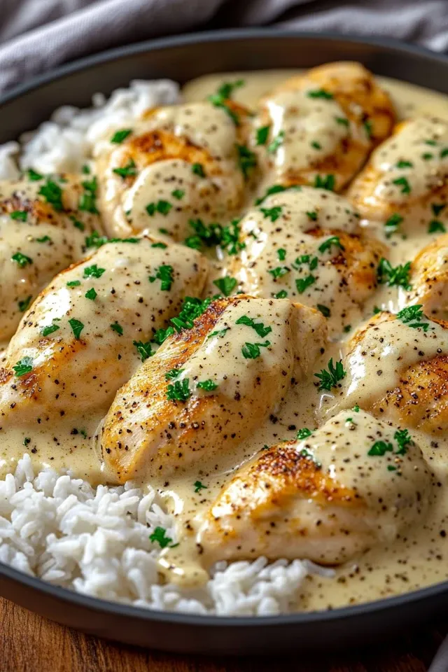 Hähnchenbrust in cremiger Sauce mit Reis