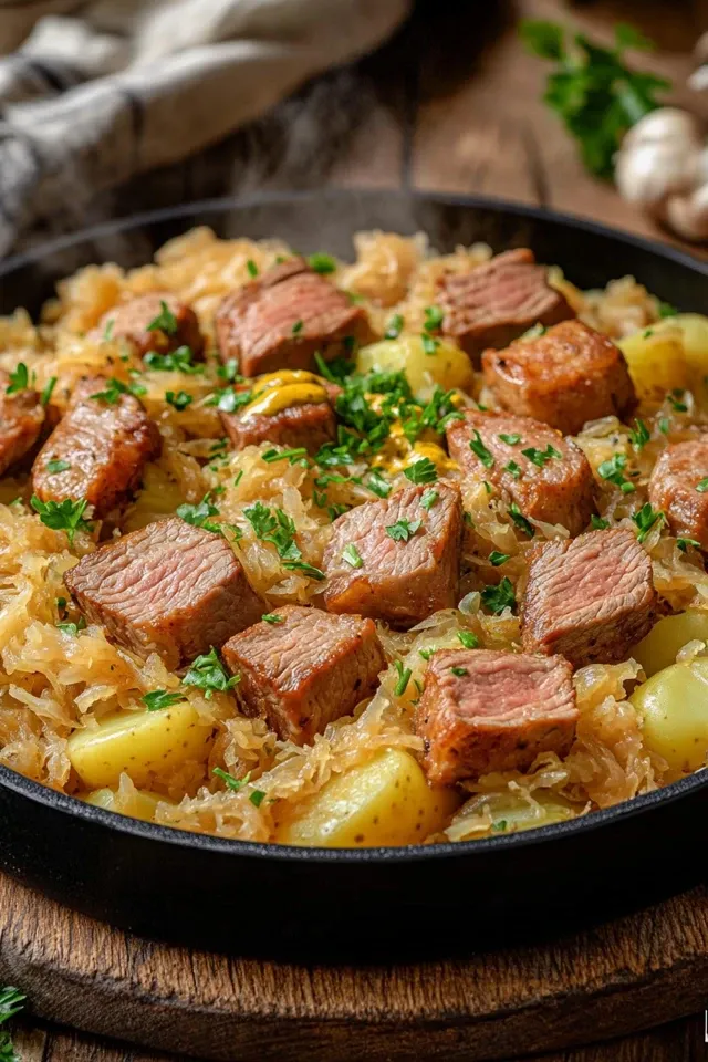 Deftige Beef-Pfanne mit Sauerkraut
