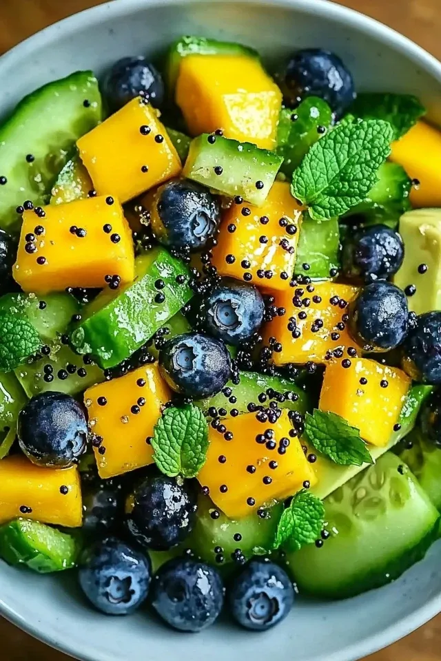 Frischer Mango-Gurken-Salat mit Blaubeeren und Avocado