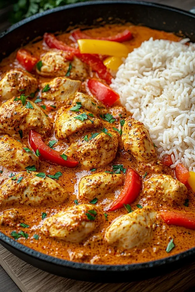 Cremige Paprika-Hähnchen-Pfanne mit Reis – Einfach und Lecker