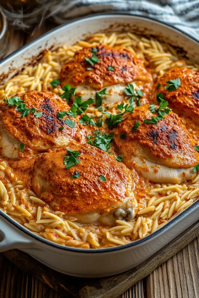 Cremiges Paprika-Sahne-Hähnchen mit Orzo-Nudeln