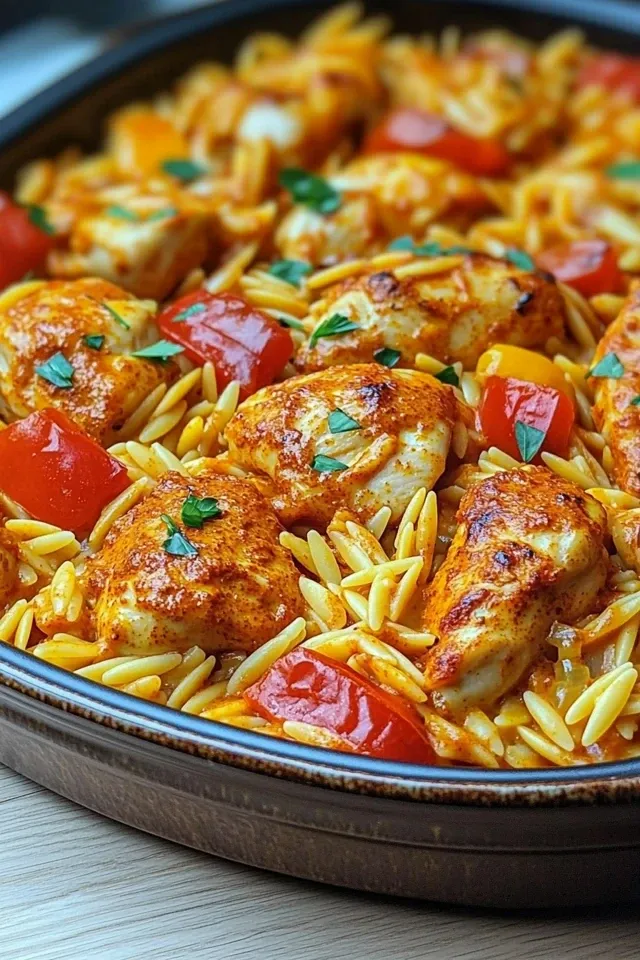Paprika Sahne Hähnchen mit Orzo Nudeln