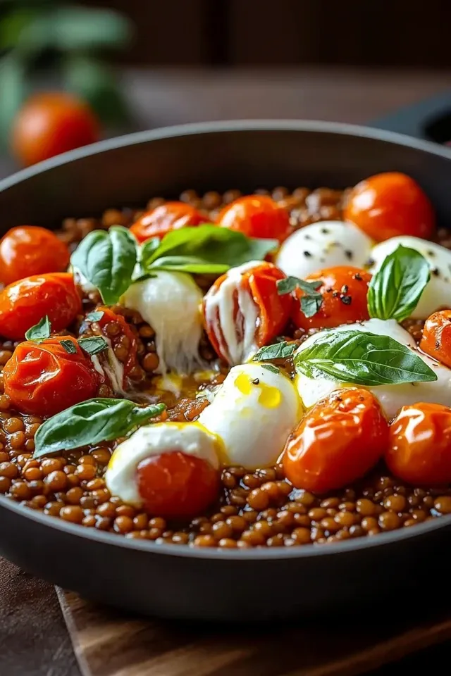 Köstliche Pfannen-Linsen mit Tomaten und Mozzarella