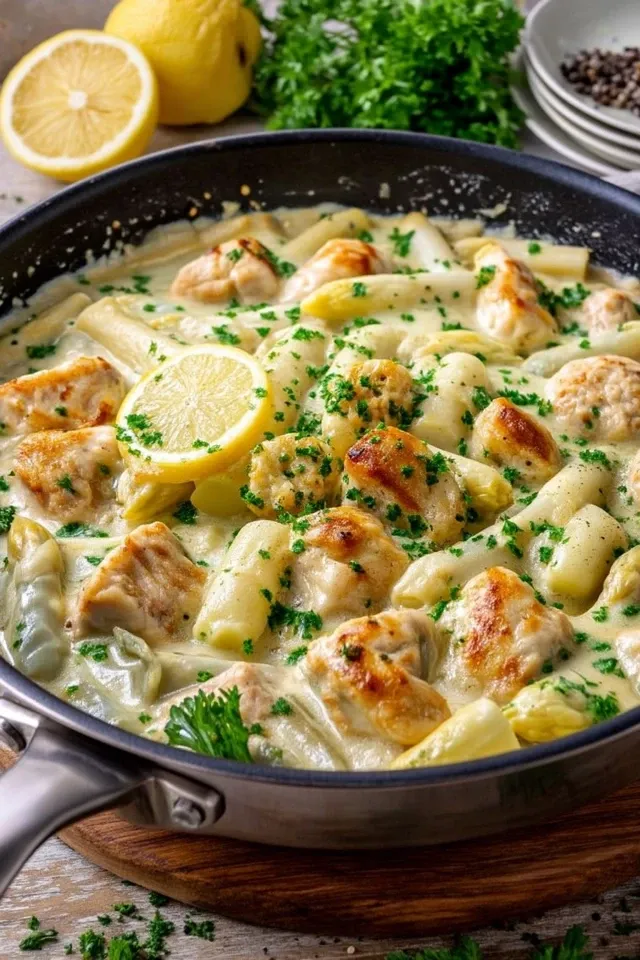 Cremige Spargelpfanne mit Hähnchen – einfach & lecker