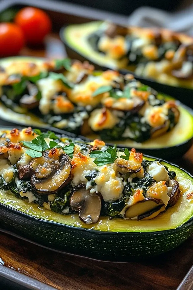 Gesunde Zucchini-Boote mit Spinat, Pilzen und Ricotta