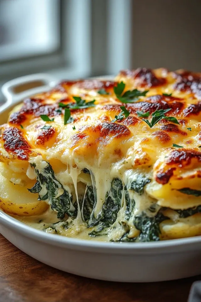 Käse-Knoblauch-Kartoffel-Spinat Auflauf Rezept