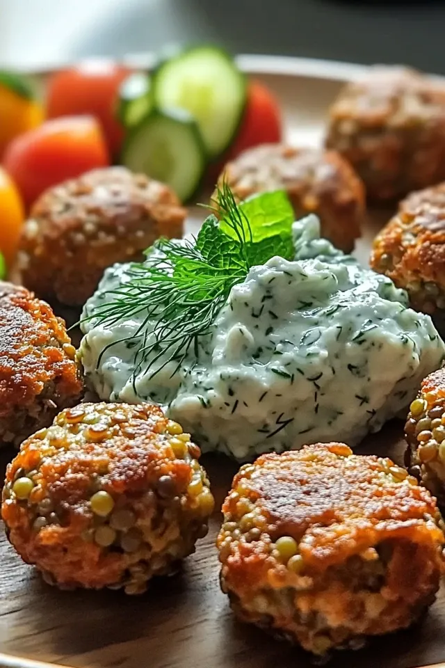 Leckere gebratene Linsenfleischbällchen mit Tzatziki